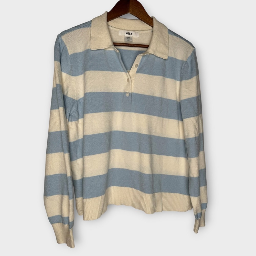 WILT Polo Sweater Cream & Light Blue Rugby Stripes Soft Cozy Academia‎ Preppy XL